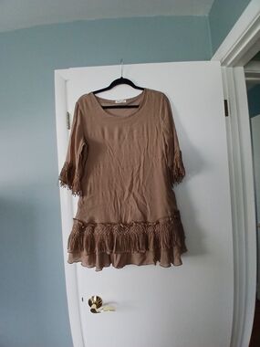 indigo soul Taupe Fringe-Trim Tunic